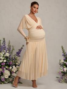 MaterniChic 孕妇纯色简约V领长袖休闲连衣裙 - 黃色 - 查看 5