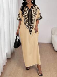SHEIN Lady Women's Khaki Print Maxi Dress With Notched Neck And Batwing Sleeves Modest Semi-Sheer Tunic - Khaki - View 7