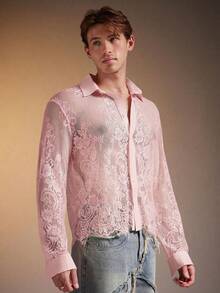 FeverCity Men's Fashionable Sexy Sheer Lace Mesh Shirt - Pink - View 5