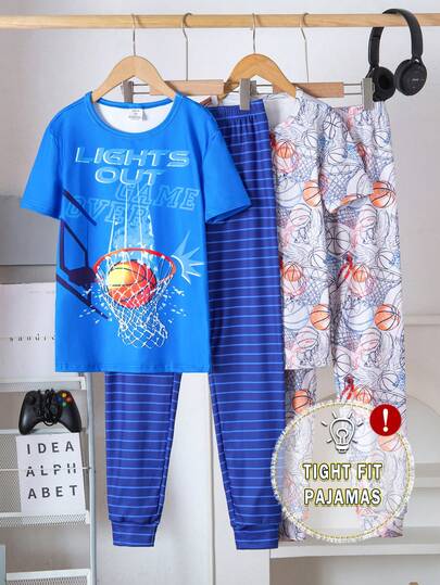 4 piezas/2 sets Top de manga larga con cuello redondo y pantalones con estampado de baloncesto para adolescentes, suave y amigable con la piel para el verano, también adecuado como regalo de Navidad para adolescentes, pijama de ajuste ceñido