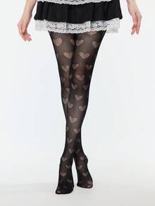 ROMWE Fairycore 1 đôi tất lưới hình trái tim dành cho nữ, phù hợp cho mọi mùa - màu đen - Xem 2