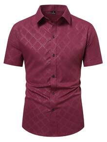 Manfinity Mode 男士纯色休闲短袖衬衫，纽扣前开襟设计，夏季百搭 - 酒紅色 - 查看 3