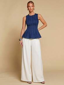 COSMINA 女士牛仔无袖荷叶边下摆弹力修身短款上衣，休闲优雅牛仔无袖背心，收腰牛仔衬衫 - 藍色 - 查看 4