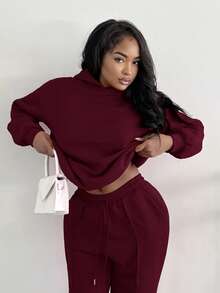 Alexandranx Summer Outfits Women's Simple Casual Solid Color Pullover Hooded Long Sleeve Fall And Winter Hoodie Without Drawstring Oversize,Fall,Fall Clothes For Women Christmas - Red Violet - View 3