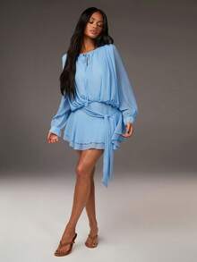 Athîral 女士休闲蓝色长袖迷你连衣裙 - 淺藍色 - 查看 3