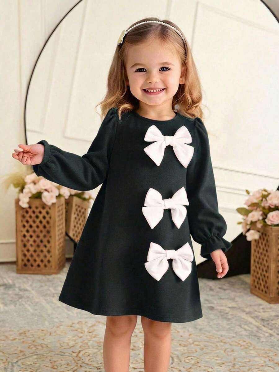 SHEIN 年轻女孩优雅可爱针织蝴蝶结长袖连衣裙 - 黑色 - 查看 1