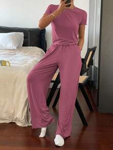 Livesso Minimalist Solid Color Wavy Trim Decor Fitted Top And Pants Homewear Set - Pink - View 3