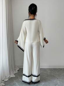 Elenzga Women's Elegant Vintage Black & White Floral Print Asymmetrical Shoulder Flare Sleeve Shirt And Wide Leg Pants 2-Piece Set, Suitable For Party, New Year, Valentine's Day, And Casual Wear In Autumn/Winter - Beige - View 2