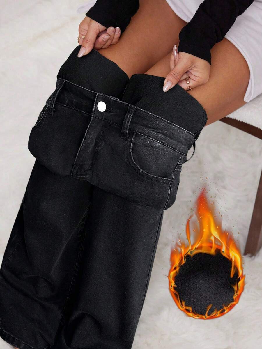 SHEIN PETITE 秋冬女款休閒喇叭牛仔褲,附口袋,保暖內裡,時尚外出冬季保暖黑色丹寧喇叭牛仔褲,適合小個女款 - 黑色 - 查看 1