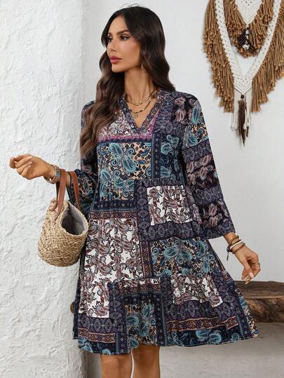 EMERY ROSE Women's Casual V-Neck Printed Mini Dress, Vacation Style Spring Outfit Women  Summer Outfits For Women Vacation Dress  Casual Dress For Women Casual Dresses For Women Boho  Vacation Dresses  Vacation Outfits For Women Holiday Outfits   Floral Dress