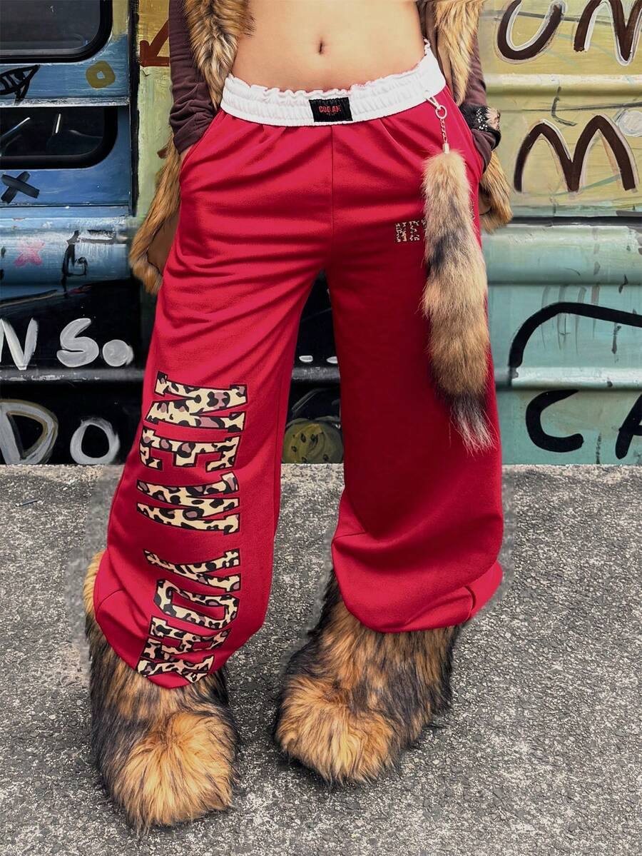 Coolane Women's  Winter Streetwear Back To School  Casual  Game Day Chic  Hippie Leopard  Graphics Comfortable  Elastic Waistband Red Baggy  Straight Pants,Christmas,New Years