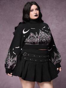 ROMWE Áo len cổ cao phối màu tương phản họa tiết lâu đài và thánh giá kiểu Gothic dành cho nữ, cỡ lớn. - Màu tím - Xem 1