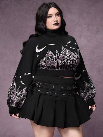 Goth Maglione a collo alto da donna taglie forti con motivo a castello e croce, in stile gotico natalizio, a contrasto di colore