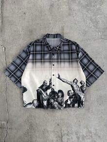 AXEPEAK 男士格子图案印花短袖单排扣休闲衬衫 - 彩色 - 查看 1