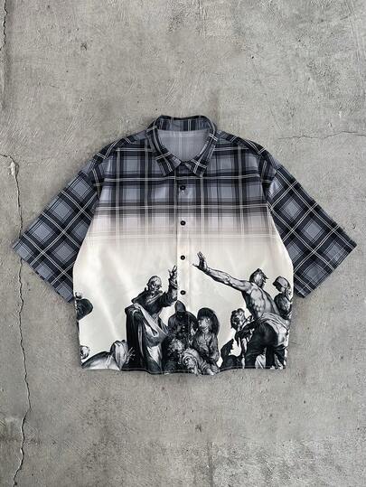 AXEPEAK Men's Plaid & Figure Print Short Sleeve Single-Breasted Casual Shirt