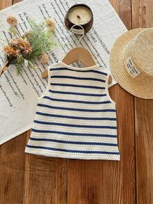 LMoss Kids Young Girl Fitted Ribbed Knit Crop Top - Blue and White - View 2