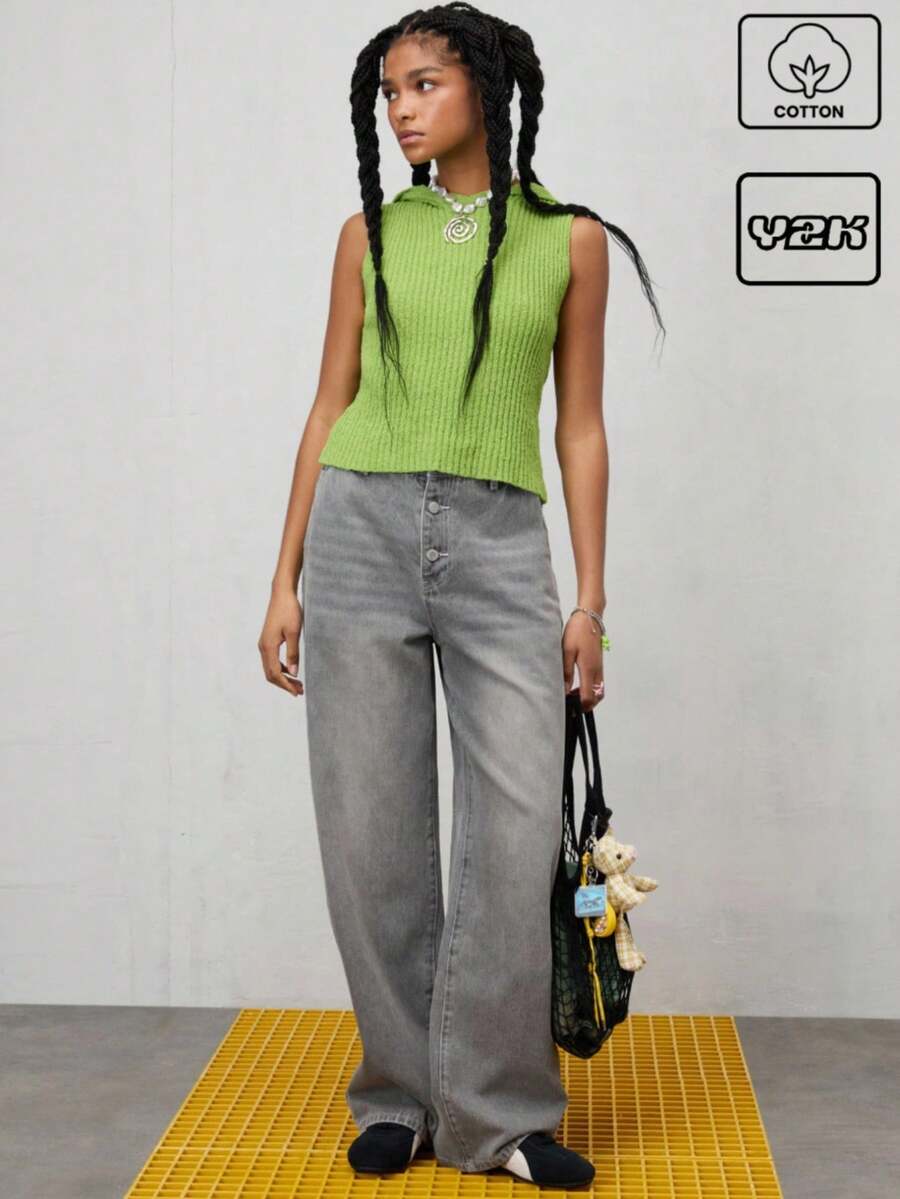 COUREZ 高腰宽松牛仔裤/女士夏季穿搭/Y2K/休闲/纯棉高街复古 - 灰色 - 查看 1