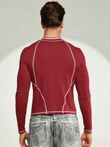 FeverCity Men's Solid Color Fitted Crew Neck Short Casual Printed T-Shirt - Red - View 2