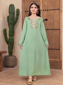 少女印花圆领长袖休闲连衣裙 - 綠色 - 查看 4