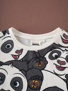 SHEIN Kung Fu Panda Tween Girl Casual Panda Print Round Neck Short Sleeve Nightgown, Summer - Black and White - View 3