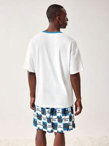 SHEIN How to Train Your Dragon 男士休闲卡通字母印花落肩宽松上衣短裤家居服套装，夏季 - 藍色 - 查看 2