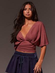 Athîral Off Shoulder Wrap Front Ruched Top With Deep V Neckline And Twisted Detail For Fall Winter - Red - View 5