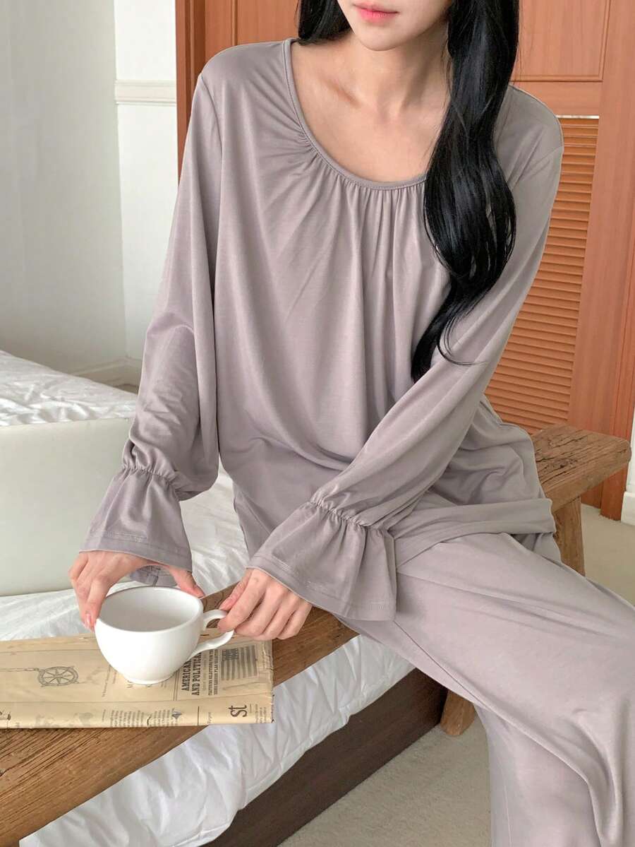 DAZY 女士舒适针织褶皱设计家居服套装 - 灰色 - 查看 1