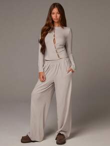 Athîral Pantalon décontracté gris clair pour femmes, coupe ample en H, tissu tricoté doux et confortable. Pantalon gris, décontracté pour femmes, idéal pour la maison et les sorties, les aéroports - Gris - Voir 3
