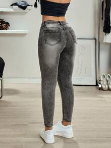 SHEIN Tall Hochbund Mode Katzenbart geWashed Skinny Jeans - Hellgrau - Übersicht 2