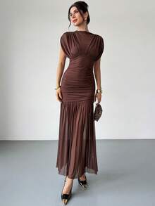 Firerie Women's Elegant, Exquisite, Romantic & Charming Fashion Valentine's Day, Date, Holiday, Wedding Guest, Vacation Sheer Mesh Overlay Brown Dress - Brown - View 4