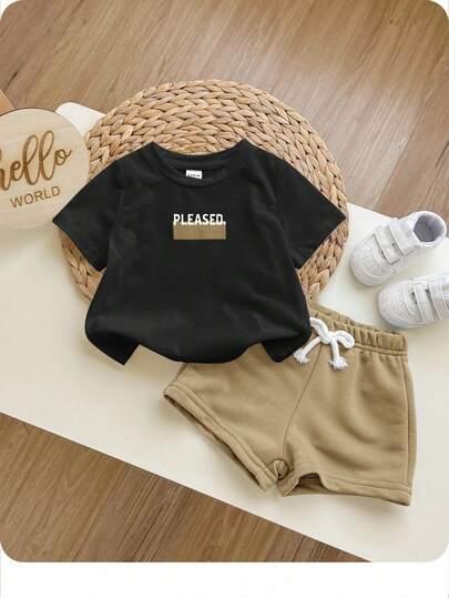 SHEIN 2pcs/Set Baby Boys Casual Collegiate Comfortable Fashion Minimalist Versatile Soft Short Sleeve T-Shirt And Contrast Color Shorts Set, Suitable For Daily Wear, School, Outings, Sports, Spring/Summer