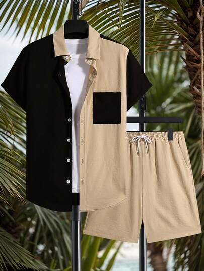Manfinity Swimmode Plus Size Men's Contrast Color Patchwork Shirt And Shorts Beach Outfit