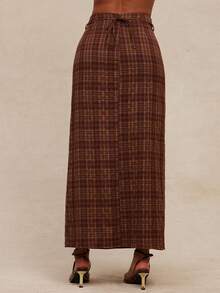 NYA SZN 高腰开衩裹身口袋飘逸棕色格子半身裙，适合节日、冬春、圣诞节、新年夜、光明节、商务休闲、街头风等场合，女士长款连衣裙