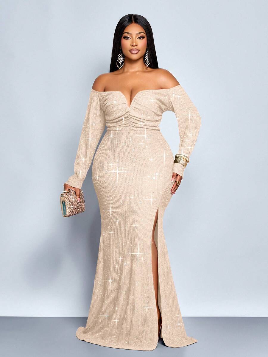 SOLERSUN 大码女士时尚优雅V领露肩鱼尾鸡尾酒会夜店紧身性感连衣裙，适合圣诞派对、度假、约会、秋冬季节穿着。长袖直筒V领，胸前褶皱，腰部设计，凸显臀部曲线，红色连衣裙，奢华晚礼服，闪亮连衣裙 - 杏色 - 查看 1