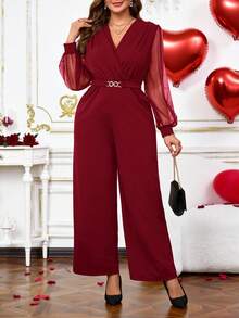 EMERY ROSE Quần áo mùa đông cỡ lớn cho phụ nữ Quần áo Giáng sinh cho phụ nữ Bộ đồ liền thân tay đèn lồng lưới vá màu trơn thanh lịch - Màu Đỏ Sâu - Xem 5