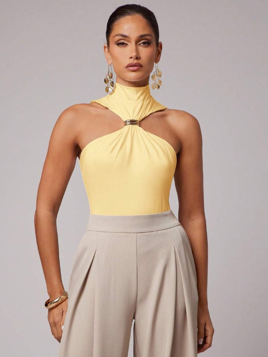 Silquee Women's Solid Color High Neck Sleeveless Bodysuit With Decorative Ring - Yellow - View 1