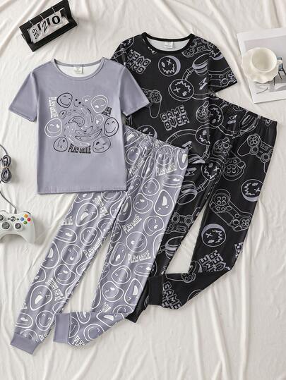 4pcs/Set Video Game Smiling Face Minimalist Loungewear Set For Tween BoyIncluding Short Sleeve Top And Gray Snug Fit Pants Boy Pjs Set Kids Pj Set Boys Lounge Set Boys Pajama Sets
