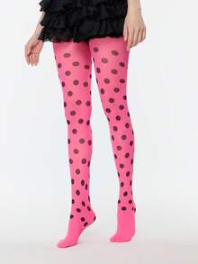 ROMWE Kawaii 1 Pair Women Silver Heart Pattern Tights, Minimalist Fashion Casual For All Seasons, Daily Wear - Rose red and black - View 5