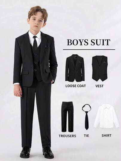 SHEIN 5pcs Tween Boys Suit Set - Notch Lapel Blazer + Single-Breasted Vest + Half-Elastic Waist Pants + Solid White Shirt + Tie, Suitable For Daily Wear, Awards Ceremony, Birthday Party, Wedding, Wedding Guest, Pageboy, Ring Boy