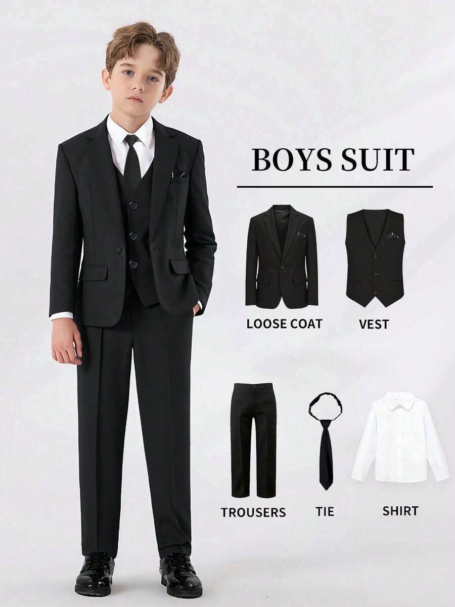 SHEIN 5pcs Tween Boys Suit Set - Notch Lapel Blazer + Single-Breasted Vest + Half-Elastic Waist Pants + Solid White Shirt + Tie, Suitable For Daily Wear, Awards Ceremony, Birthday Party, Wedding, Wedding Guest, Pageboy, Ring Boy