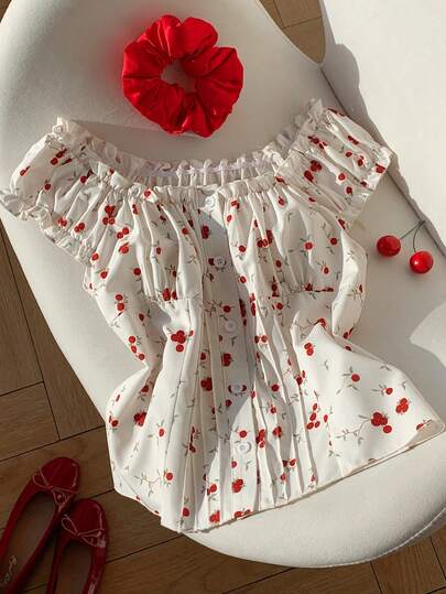 Comfortcana Blusa casual de mujer con estampado de cerezas y mangas abullonadas, para verano