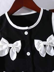 Girls Toddler Set,Round Neck Top With Contrast Color Trim,Button Front,Bow Decor,Straight Leg Casual Pants,Elegant Fashion Butterfly Kids Outfits - Black - View 8
