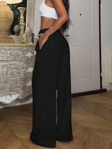 Ronhire 女士純色直筒高腰日常褲 - 黑色 - 查看 2