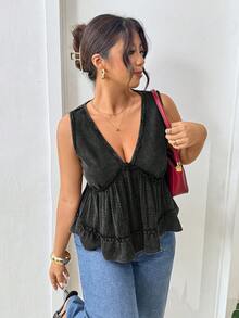 Lounesse 大码女式V领拼接设计黑色吊带背心，休闲通勤装 - 黑色 - 查看 3