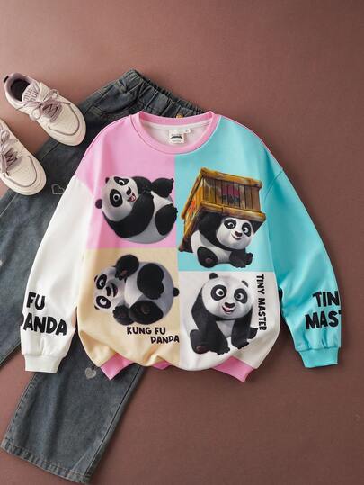 SHEIN Kung Fu Panda 1pc Tween Girl Casual Cartoon Panda Print Crew Neck Long Sleeve Sweatshirt, Suitable For Outings, Daily Wear And Various Occasions