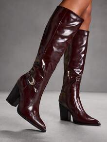 CUCCOO SZL Women's Pointed Toe Buckle Design Fashion Versatile High Heel Knee-High Boots Valentine's Day - Coffee Brown - View 3