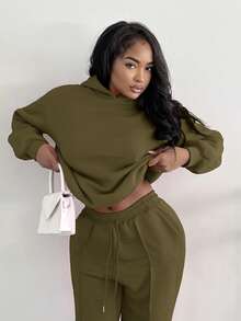 Alexandranx Summer Outfits Women's Simple Casual Solid Color Pullover Hooded Long Sleeve Hoodie Without Drawstring Oversize In Fall/Winter - Army Green - View 4