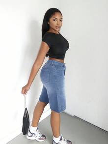 Alexandranx Quần short denim rộng rãi, giặt thường ngày cho nữ - Màu xanh lam - Xem 4