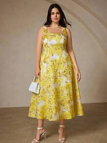 BELROSIE Elegant Sleeveless Dress With Square Neckline, Gold Foil Floral Print Fabric, Fitted Waist, Suitable For Wedding Season, Plus Size - Yellow - View 5