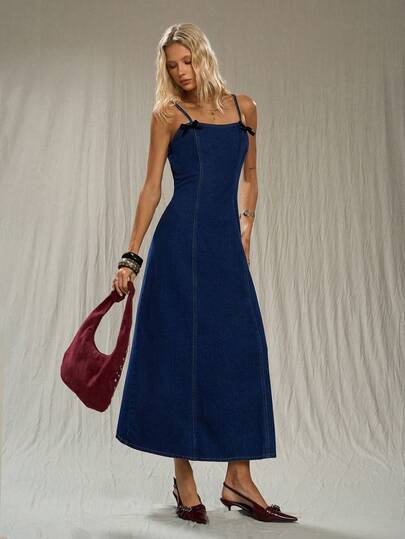 TRNVIE Women's Bow Decor Waist Cinched Party Denim Cami Dress